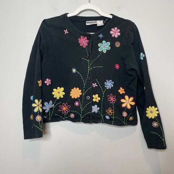 Michael Simon Floral Embroidered Black Colorful Lightweight Cardigan Size Medium